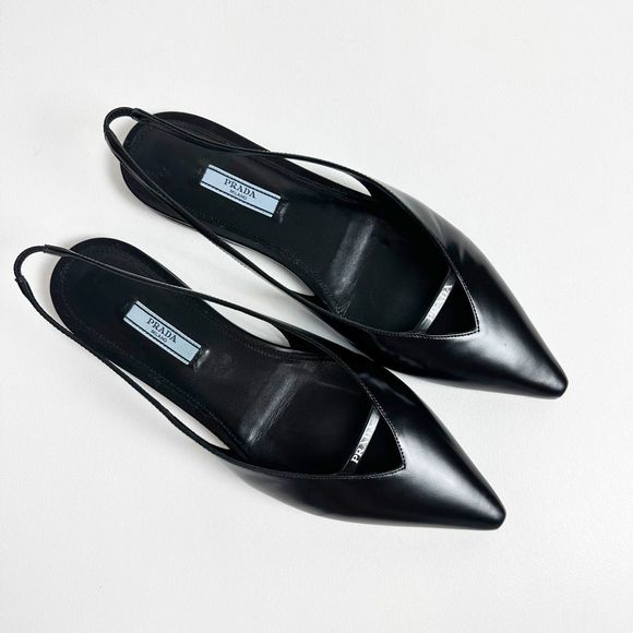 PRADA Black Slingback Ballet Flats 40 US 9.5 Point Toe Logo Flat Brushed Leather - Picture 6 of 15